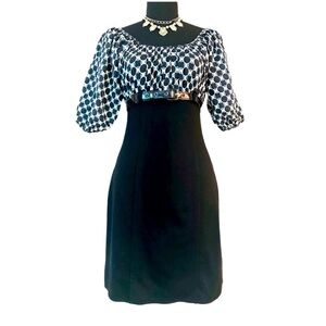 MAX STUDIO ~ Black, White and Blue Hexagon Abstract Puff Sleeve Sheath Dress